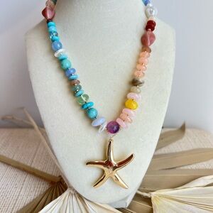 Viral Gold Starfish Pendant Multicolor Beaded Necklace, NWT